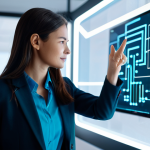 A professional female AI developer in a modest business suit, gently interacting with a glowing, abstract holographic representation of an AI model. The holographic interface displays clean lines and subtle, modular 'Lego block'-like elements, symbolizing efficiency and ease of tuning. She is standing in a modern, minimalist workspace bathed in soft, inviting lighting. The atmosphere conveys innovation and precision. fully clothed, appropriate attire, safe for work, perfect anatomy, correct proportions, natural pose, well-formed hands, proper finger count, natural body proportions, professional photography, high resolution, soft focus background.
